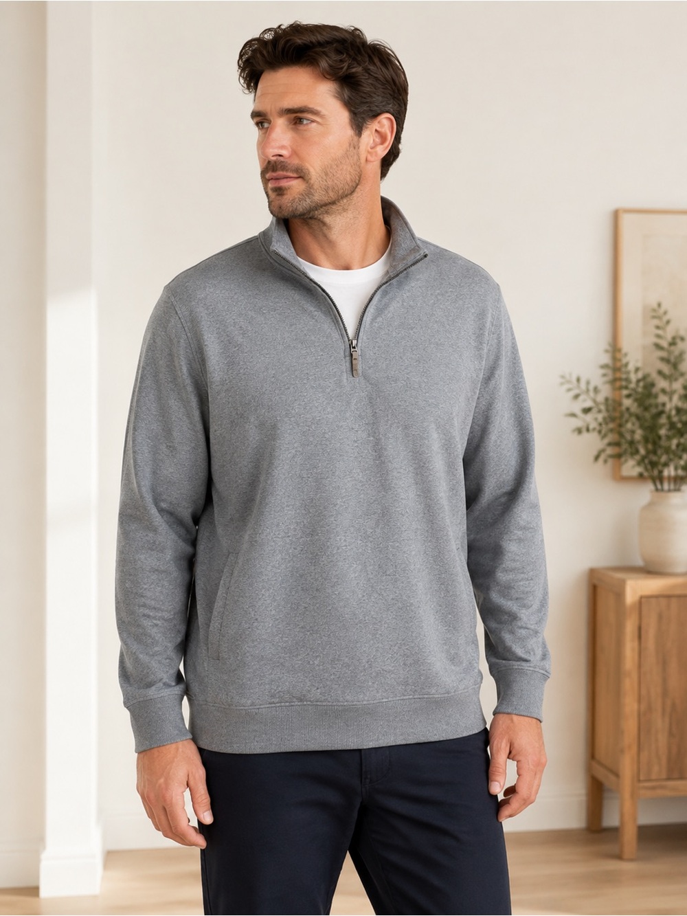 Lands’ End Men’s XL Gray Quarter-Zip Pullover Sweater Side Pockets